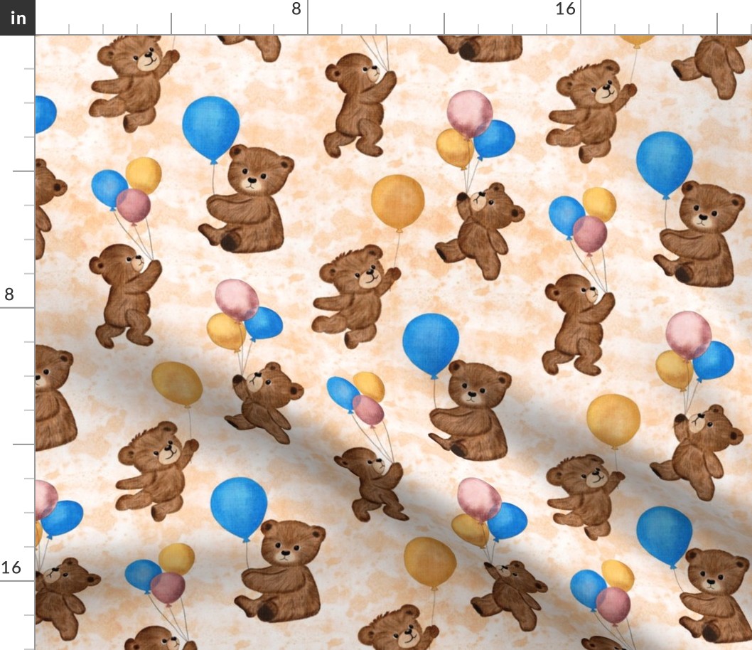 Big Teddy Bears' Playtime Balloon Party with Textured Peach Fuzz Background