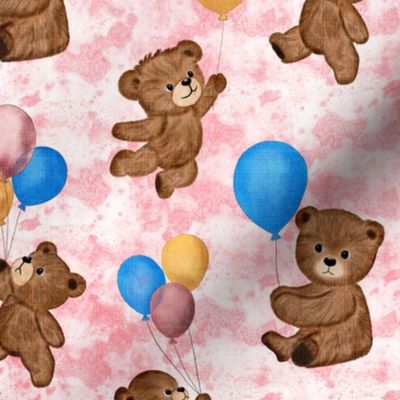 Big Teddy Bears' Playtime Balloon Party with Textured Coral Pink Background