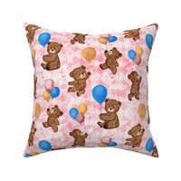 Big Teddy Bears' Playtime Balloon Party with Textured Coral Pink Background