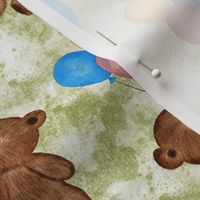 Big Teddy Bears' Playtime Balloon Party with Textured Forest Green Background