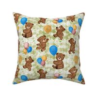 Big Teddy Bears' Playtime Balloon Party with Textured Forest Green Background