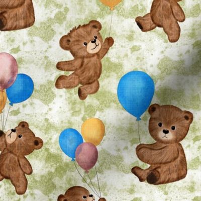 Big Teddy Bears' Playtime Balloon Party with Textured Forest Green Background