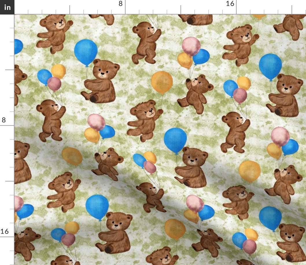 Big Teddy Bears' Playtime Balloon Party with Textured Forest Green Background