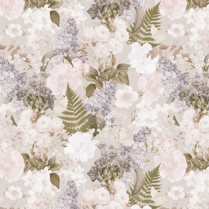 Romanticism: Vintage Spring And White Roses, Maximalism Moody Florals - Antiqued Peonies and Nostalgic Camellias Ferns And Lilacs - Antique Botany Wallpaper and Victorian Mystic inspired for powder room  silver grey 