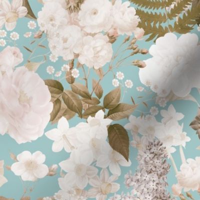 Romanticism: Vintage Spring And White Roses, Maximalism Moody Florals - Antiqued Peonies and Nostalgic Camellias Ferns And Lilacs - Antique Botany Wallpaper and Victorian Mystic inspired for powder room  turquoise