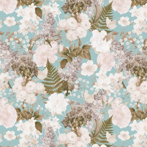 Romanticism: Vintage Spring And White Roses, Maximalism Moody Florals - Antiqued Peonies and Nostalgic Camellias Ferns And Lilacs - Antique Botany Wallpaper and Victorian Mystic inspired for powder room  turquoise