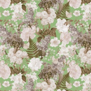 Romanticism: Vintage Spring And White Roses, Maximalism Moody Florals - Antiqued Peonies and Nostalgic Camellias Ferns And Lilacs - Antique Botany Wallpaper and Victorian Mystic inspired for powder room  light green