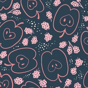(L) Apple and Blackberry Crumble - hand drawn stylised fruit - pink on navy blue