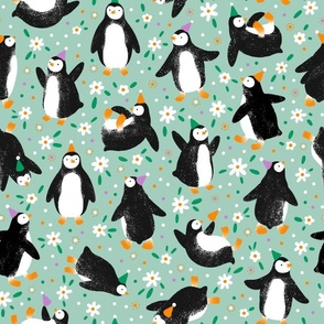 Penguin party in flowers, green background