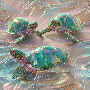 Jeweled Shimmering Sea Turtles on the Magical Ocean Shore