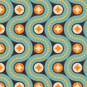 Dancing waves in happy bright colours - teal, yellow, navy - retro geometric pattern
