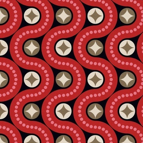 Dancing waves (medium) in rich moody colours - red, black, olive - retro geometric pattern
