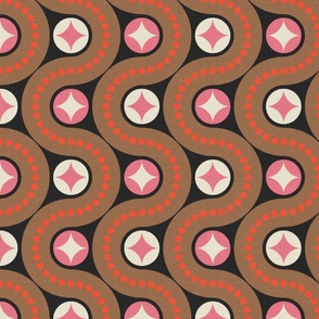 Dancing waves (medium) in cute cosy colours - taupe, red, pink - retro geometric pattern