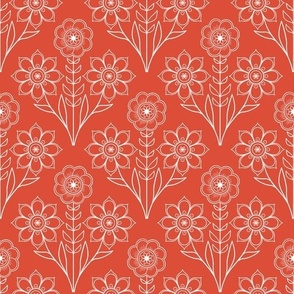 3 Flowers in white  outline on red