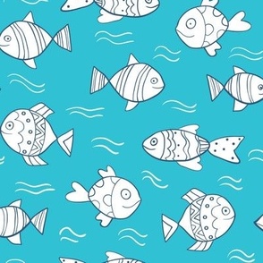 Cute doodle fish,  funny summer under the sea ocean animals 