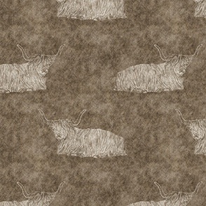 (M) Highland cows block print textured brown sepia denim