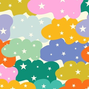 24'x24'Whimsical Skies_ Colorful Clouds and Twinkling Stars_Party Wall Wallpaper