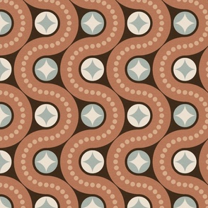 Dancing waves (medium) in earthy neutral colours - brown, sage, rust - retro geometric pattern