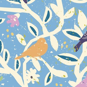 Birds in branches chalky blue - L