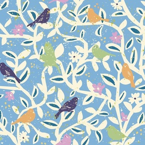Birds in branches chalky blue - M