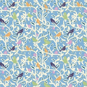 Birds in branches chalky blue - S