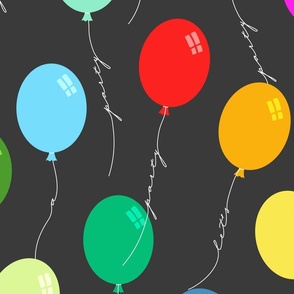 Let's have a party Balloons with wording on white string - colorful with 'light' black background – Extra large (XL) Scale – playful and colorful for interior styles from modern to eclectic 