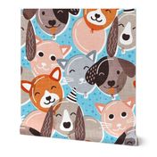 Pet pawty time // large jumbo scale // sky blue background dogs and cats paper balloon animals party wallpaper