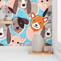 Pet pawty time // large jumbo scale // sky blue background dogs and cats paper balloon animals party wallpaper