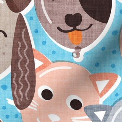 Normal scale // Pet pawty time // sky blue background dogs and cats paper balloon animals party wallpaper 