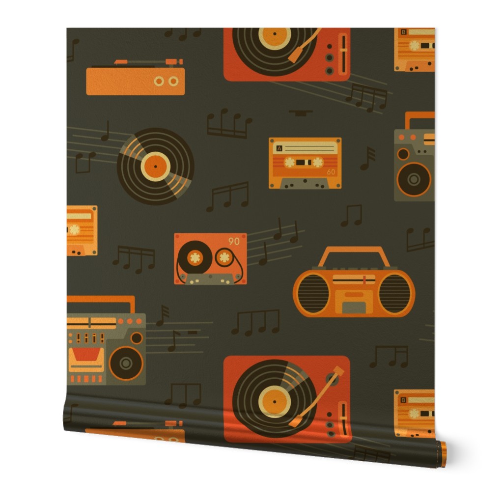 Retro music party  - blue and red  - navy background - medium scale