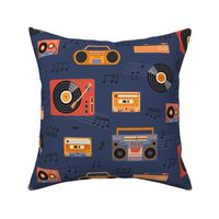 Retro music party  - blue and red  - navy background - medium scale