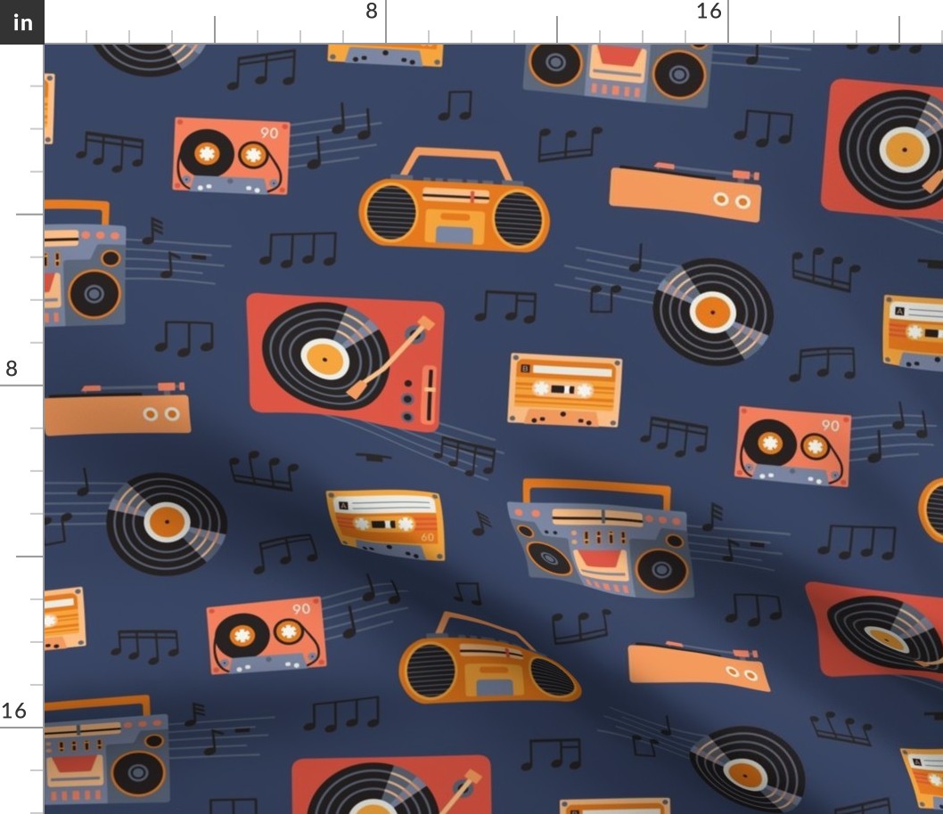Retro music party  - blue and red  - navy background - medium scale