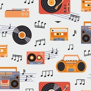 Retro music party  - blue and red  - light background - medium scale