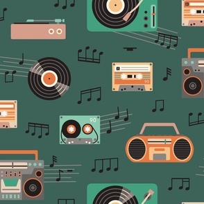 Retro music party  - green and pink  -  dark  green background - medium scale