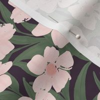 Light pink flowers in a jungle style layout on a plum purple color background - medium