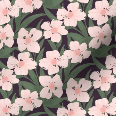 Light pink flowers in a jungle style layout on a plum purple color background - medium