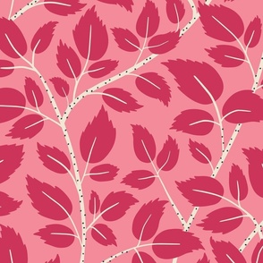 (L) Brambles - hand drawn stylised blackberry bramble leaves - red on pink