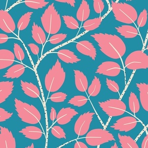 (L) Brambles - hand drawn stylised blackberry bramble leaves - pink on blue