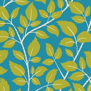 (L) Brambles - hand drawn stylised blackberry bramble leaves - green on blue