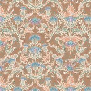 Pastel Rustic bohemian thistle damask with moths and caterpillars CAMEL