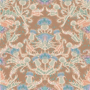 Pastel Rustic bohemian thistle damask with moths and caterpillars CAMEL 12"