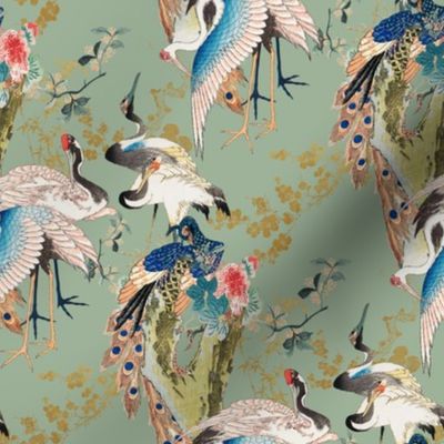 Chinoiserie Birds Large Scale Wallpaper Print in Pistachio