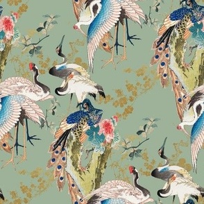 Chinoiserie Birds Large Scale Wallpaper Print in Pistachio