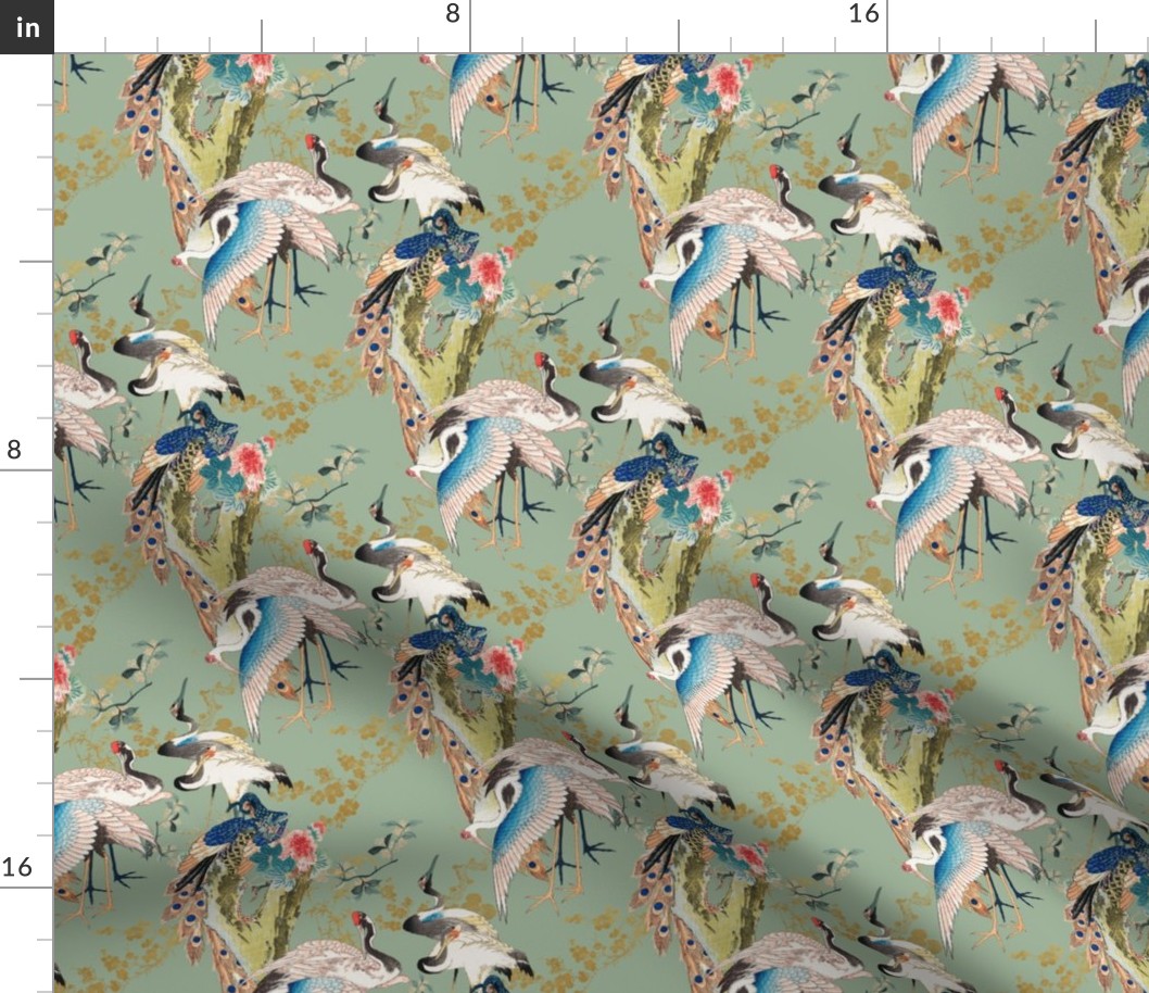 Chinoiserie Birds Large Scale Wallpaper Print in Pistachio