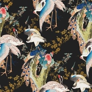 Chinoiserie Birds Large Scale Wallpaper Print in Charcoal