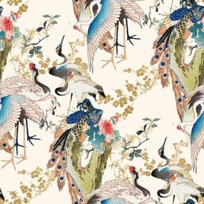 Chinoiserie Birds Large Scale Wallpaper Print in Ivory