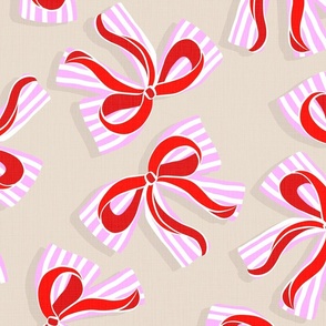 (L) Ditsy Kitsch Red Ribbons on Stripy Pink and White Bows Party 2. Almond Beige