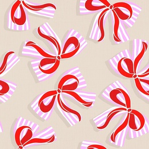 (M) Ditsy Kitsch Red Ribbons on Stripy Pink and White Bows Party 2. Almond Beige