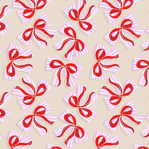 (S) Ditsy Kitsch Red Ribbons on Stripy Pink and White Bows Party 2. Almond Beige