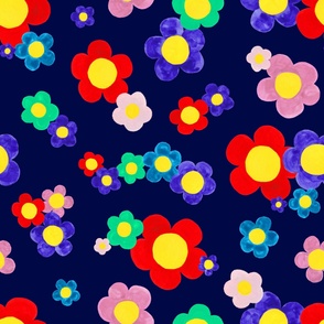 Party playroom bold painted flowers, on navy